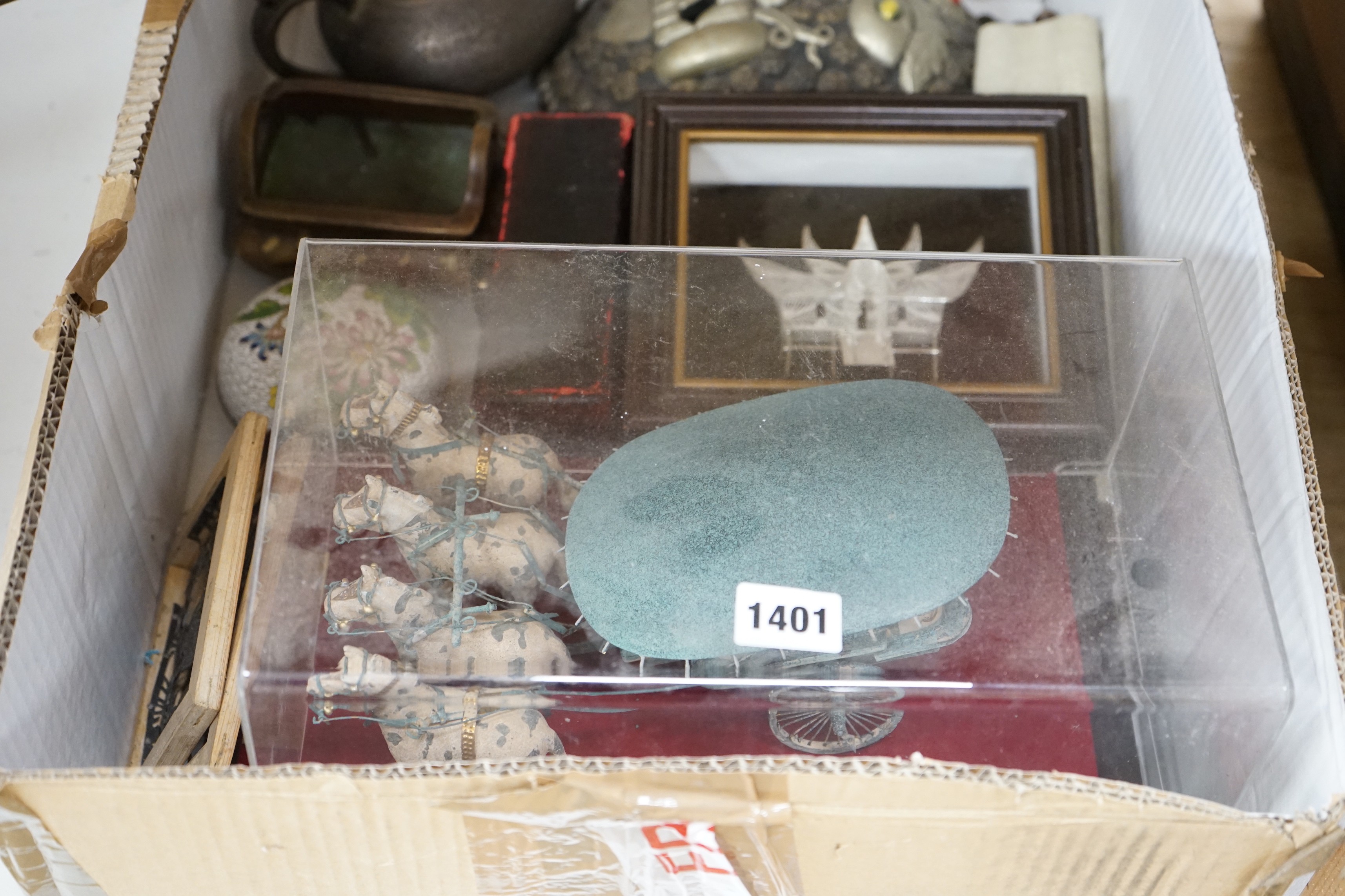 A selection of assorted Chinese domestic and decorative objects, to include a teapot, group figure of a horse and cart etc.